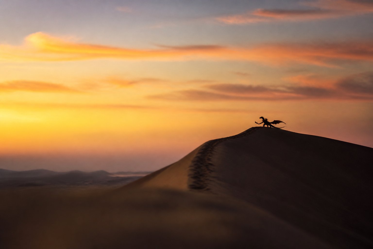 Illustration : une dune au cr&eacute;puscule, une silhouette aux ailes de dragon au sommet.