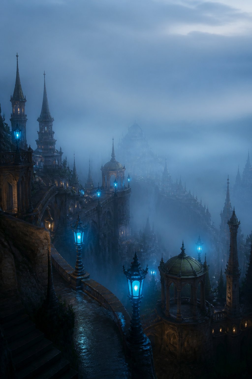 Illustration : une cit&eacute; m&eacute;di&eacute;vale sous la brume, &eacute;clair&eacute;e par des lanternes bleues.