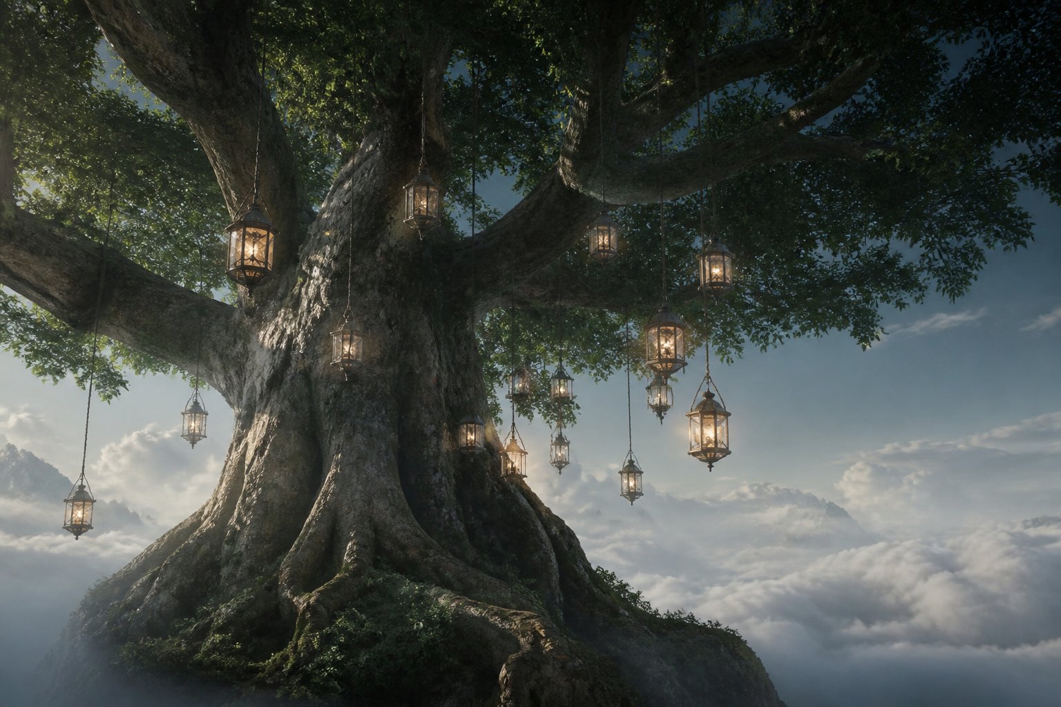 Illustration : un arbre gigantesque dont les racines plongent dans une mer de nuages, seize lanternes accroch&eacute;es aux branches.