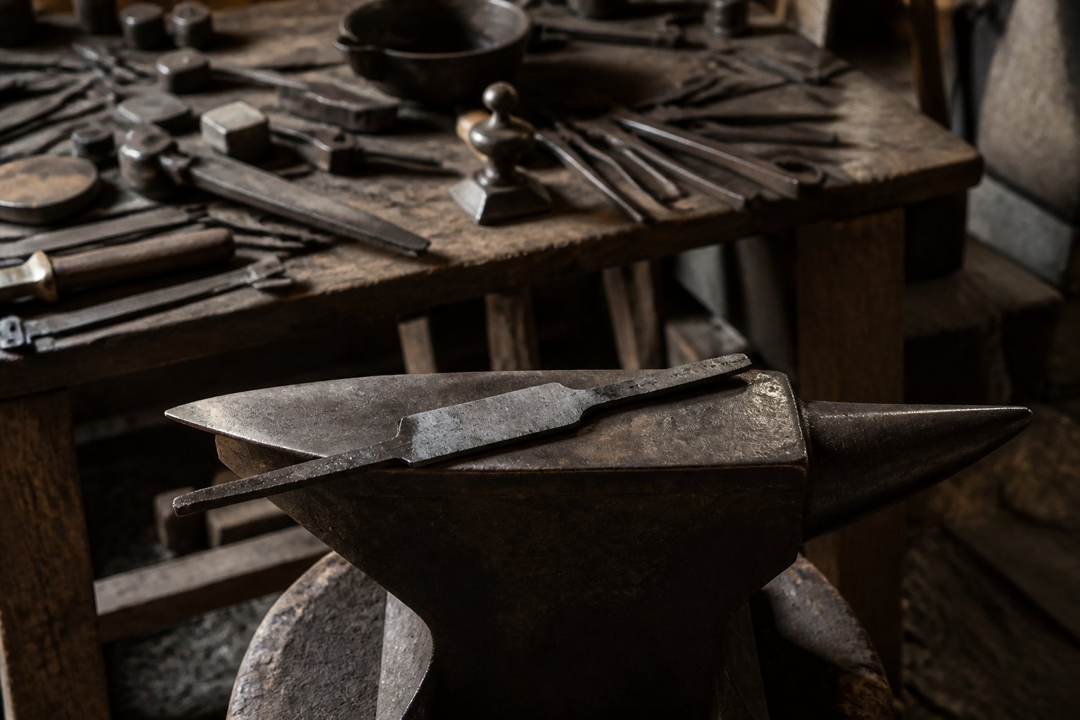 Illustration : un &eacute;tabli de forgeron couvert d&rsquo;outils, une lame inachev&eacute;e pos&eacute;e sur l&rsquo;enclume.