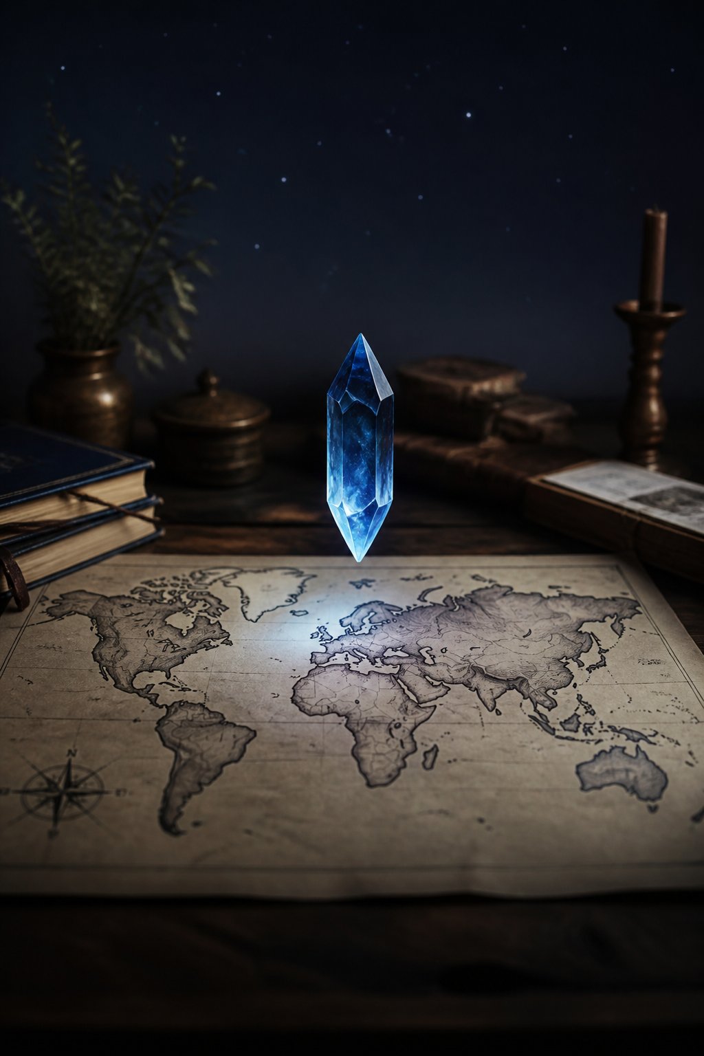 Illustration : un cristal bleu en l&eacute;vitation au-dessus d&rsquo;une carte du monde dessin&eacute;e &agrave; la main, dans une nuit &eacute;toil&eacute;e.