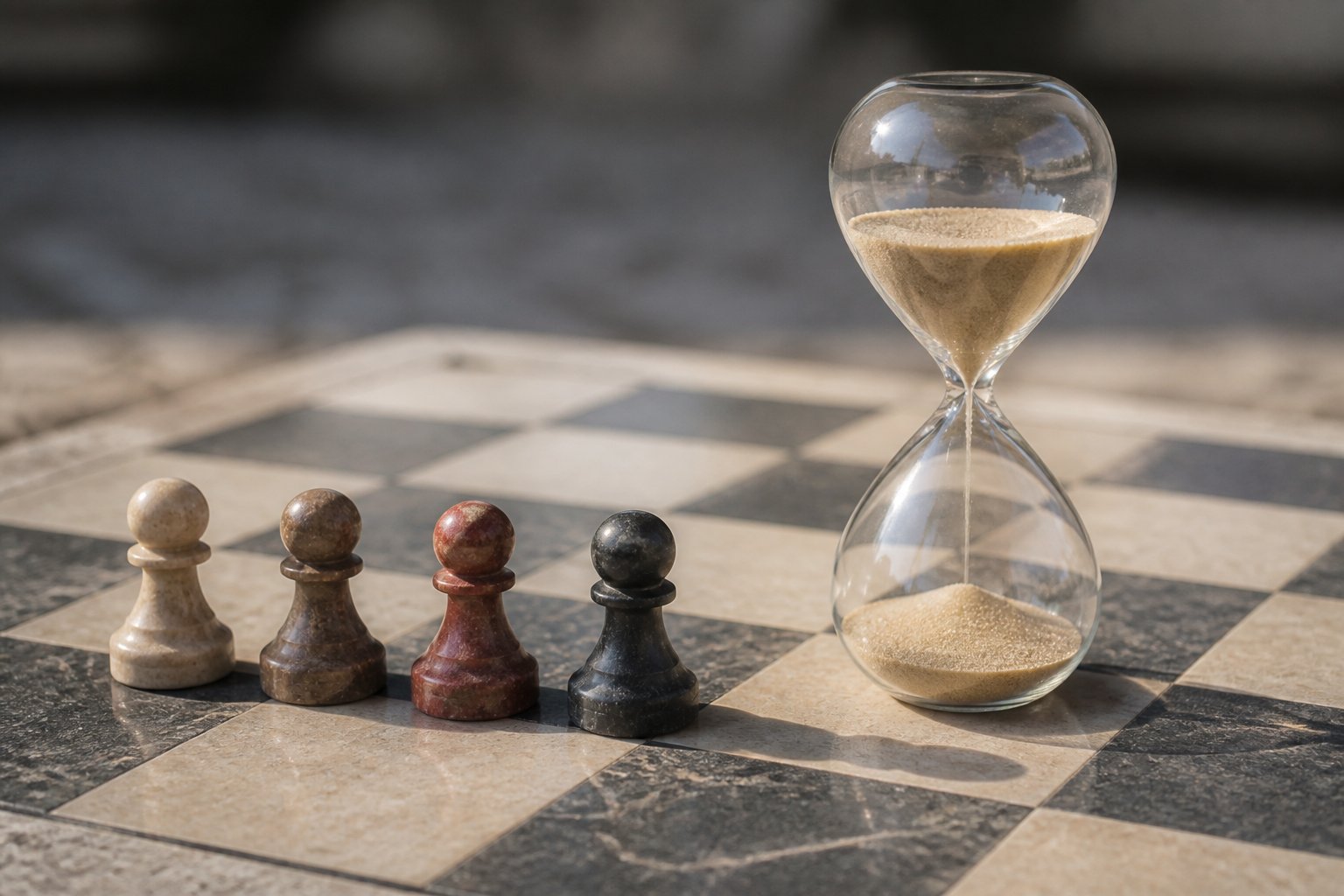 Illustration : un sablier de verre pos&eacute; sur un damier de pierre, quatre pions align&eacute;s autour.