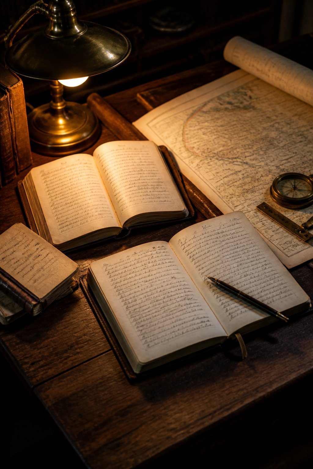 Illustration : une table de travail couverte de carnets ouverts, une carte annot&eacute;e et une lampe allum&eacute;e.