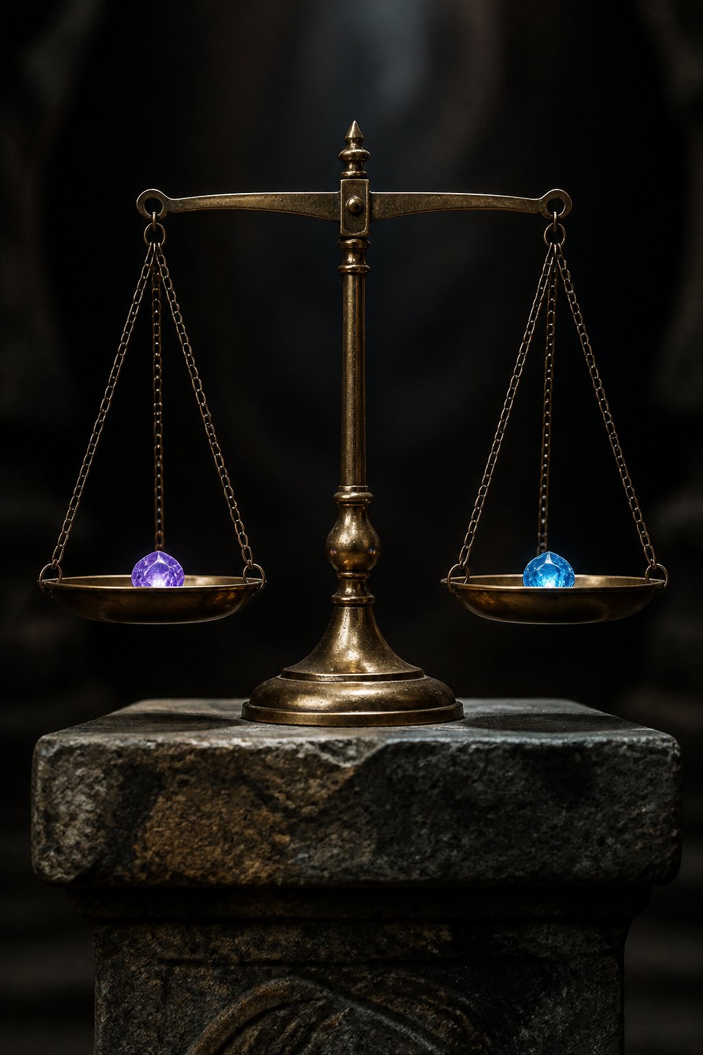 Illustration : une balance de cuivre en &eacute;quilibre sur un socle de pierre, un cristal pos&eacute; sur chaque plateau.