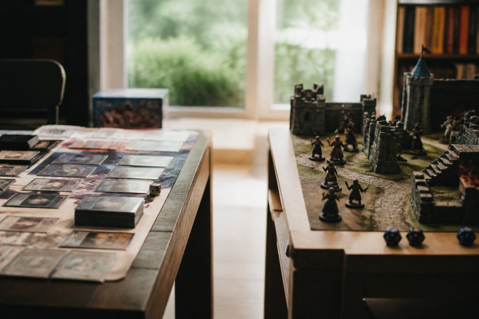 Illustration : deux tables de jeu face &agrave; face, l&rsquo;une couverte de cartes, l&rsquo;autre d&rsquo;un plateau de figurines.