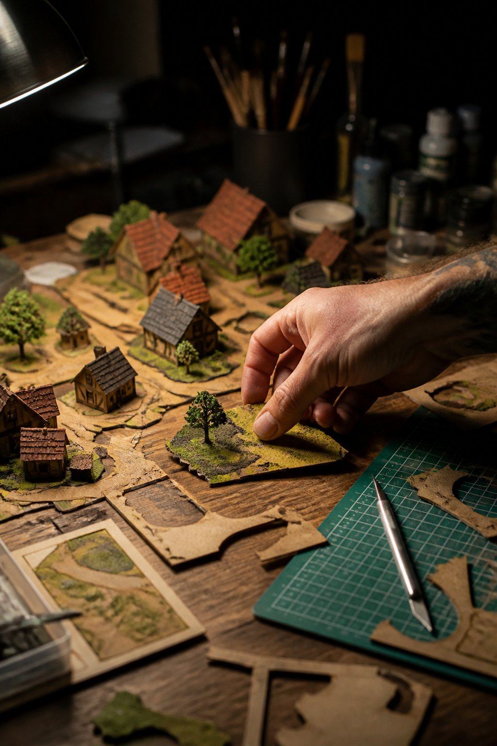 Illustration : un &eacute;tabli couvert de tuiles de d&eacute;cor d&eacute;coup&eacute;es, assembl&eacute;es en village miniature.