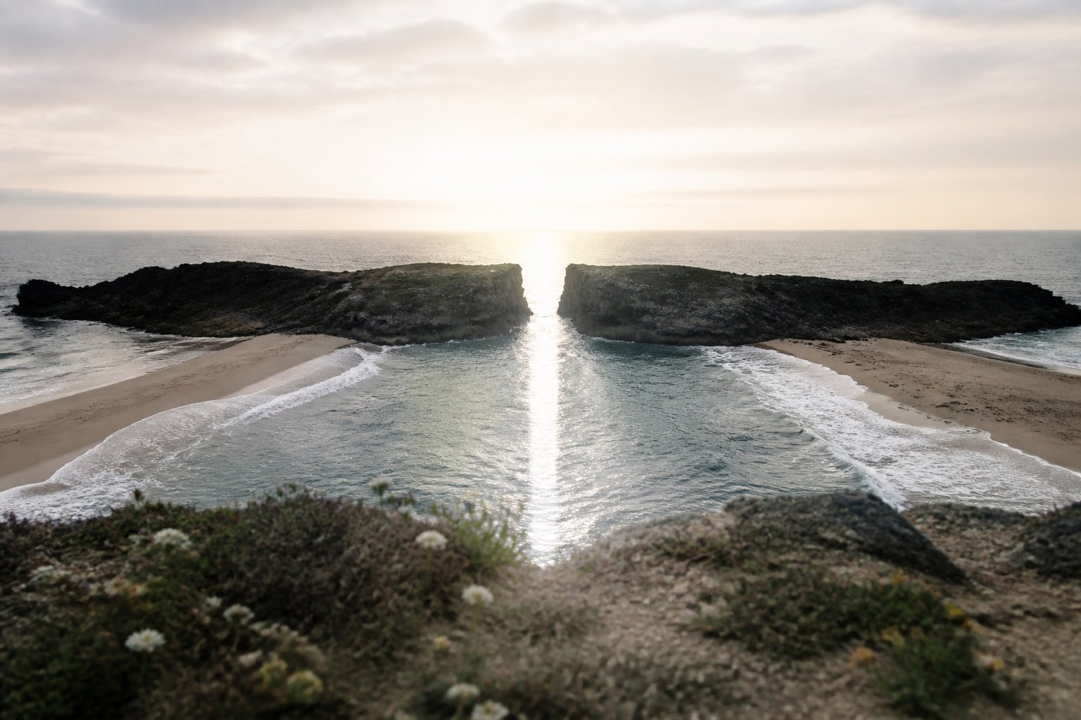 Illustration : deux plages jumelles s&eacute;par&eacute;es par une faille lumineuse au-dessus de la mer.