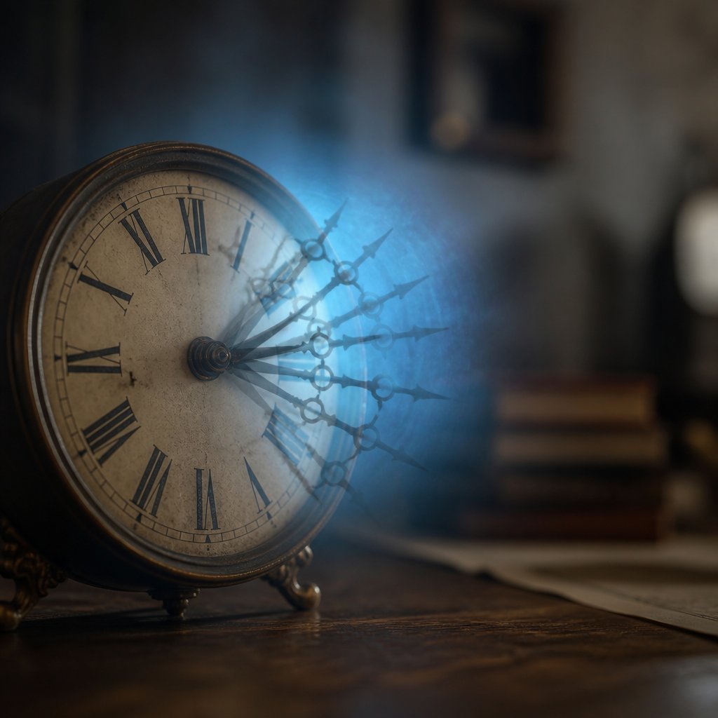 Illustration : une horloge ancienne dont les aiguilles se d&eacute;doublent dans un halo bleu.