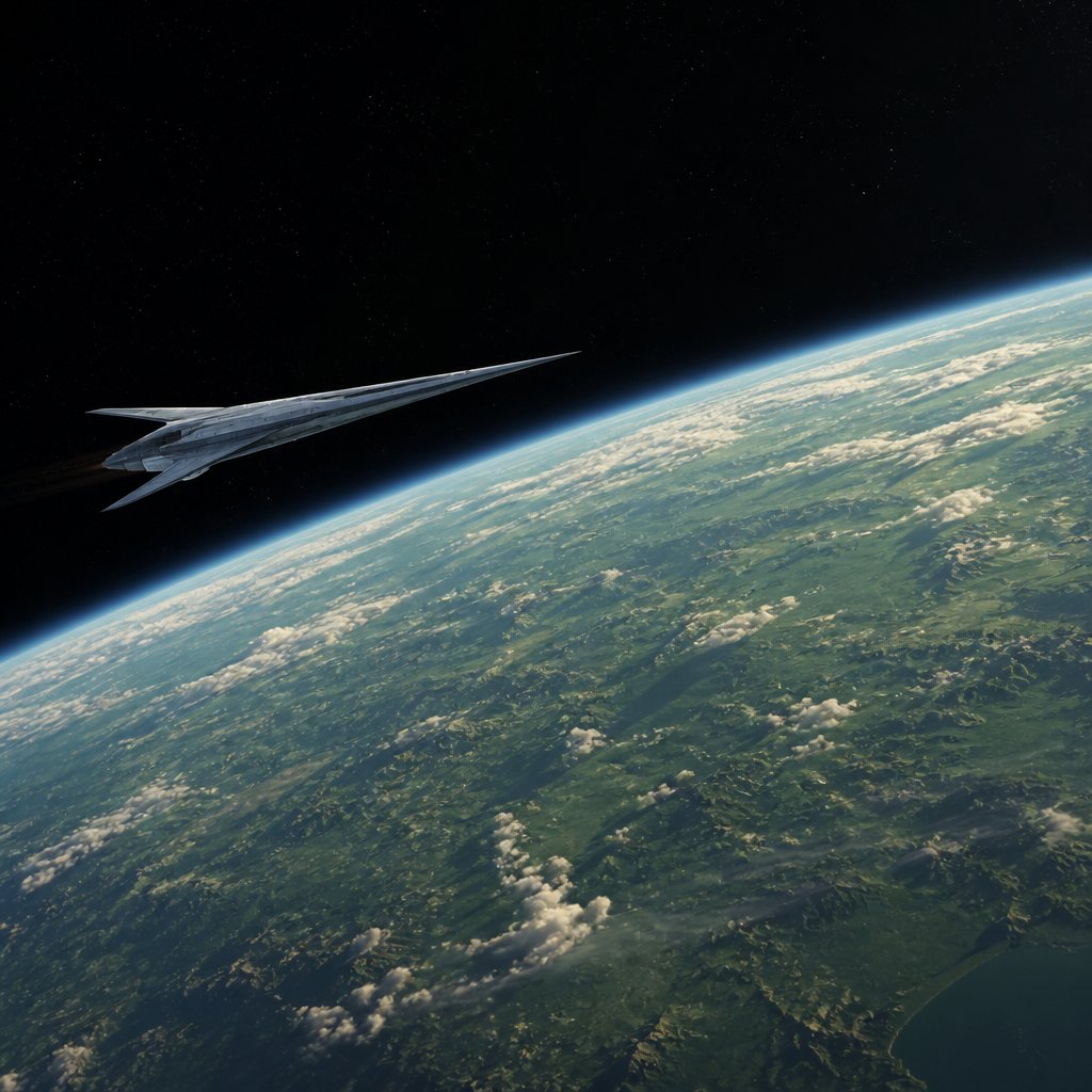 Illustration : un vaisseau spatial effil&eacute; en orbite au-dessus d&rsquo;une plan&egrave;te verte.